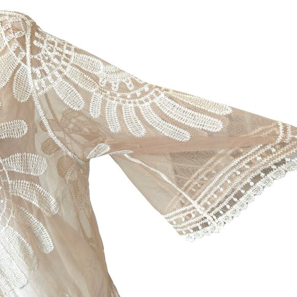 Rebellion Boho Open Duster Swim Cover Medium Tan Cream Floral Embroidery Sheer - Picture 9 of 16